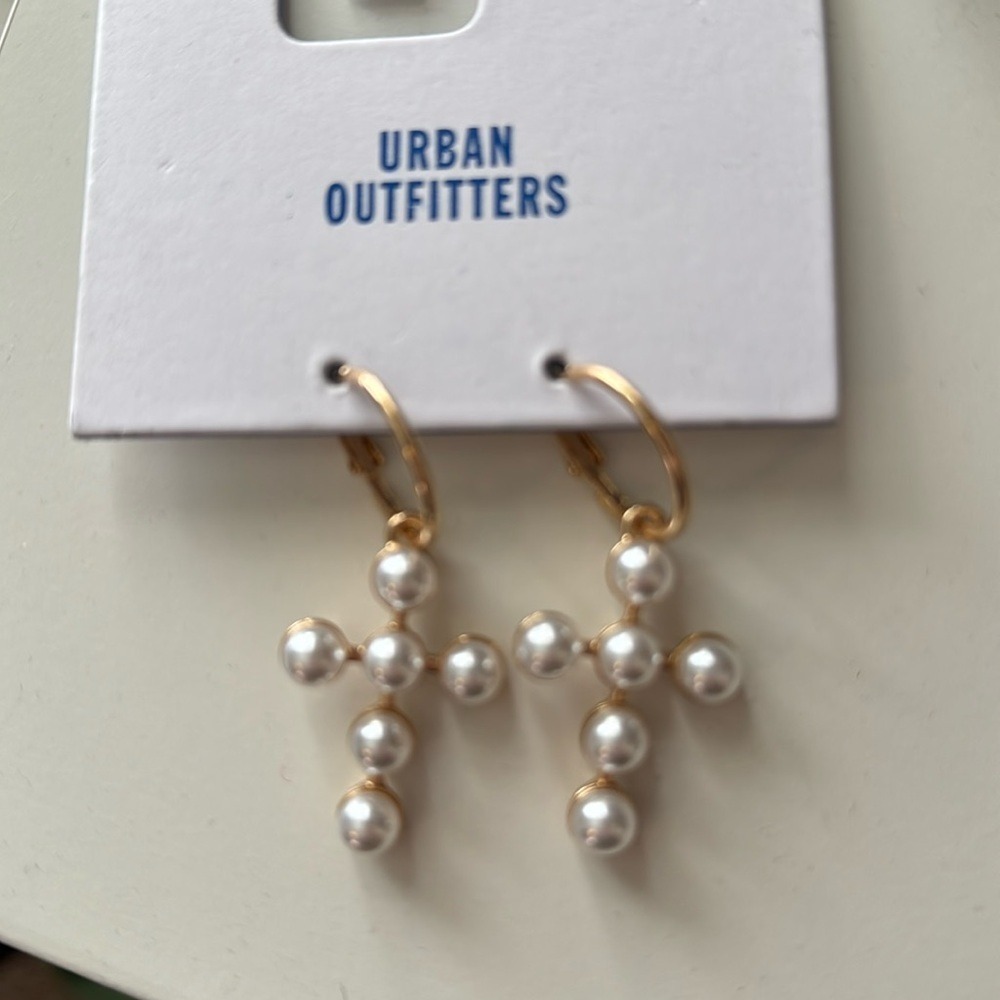 Urban Outfitters Women's Pearl Cross Earrings Gold Clasp Back 2" Drop Dressy